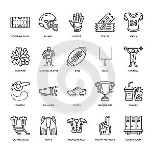 Vector line icons of american football game. Elements - ball, field, player, helmet, bullhorn. Linear signs set