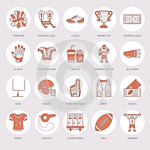 Vector line icons of american football game. Elements - ball, field, player, helmet, bullhorn. Linear signs set