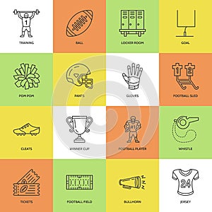 Vector line icons of american football game. Elements - ball, field, player, helmet, bullhorn. Linear signs set