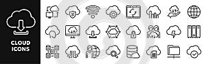 Vector line icons of cloud technology and web storage