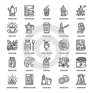 Vector line icons of coffee making equipment. Elements - moka pot, french press, coffee grinder, espresso, vending photo