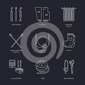 Vector line icons collection of knitting and crochet. Hand made elements -yarn, knitting needle, knitting hook, pin