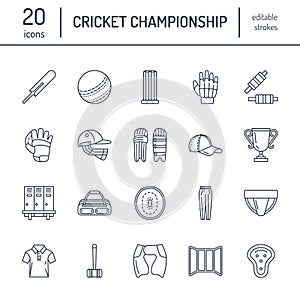 Vector line icons of cricket sport game. Ball, bat, wicket, helmet, batsman gloves. Linear signs set, championship