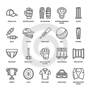 Vector line icons of cricket sport game. Ball, bat, wicket, helmet, batsman gloves. Linear signs set, championship