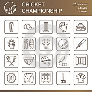 Vector line icons of cricket sport game. Ball, bat, wicket, helmet, batsman gloves. Linear signs set, championship