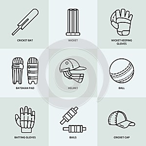 Vector line icons of cricket sport game. Ball, bat, wicket, helmet, batsman gloves. Linear signs set, championship