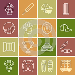 Vector line icons of cricket sport game. Ball, bat, wicket, helmet, batsman gloves. Linear signs set, championship