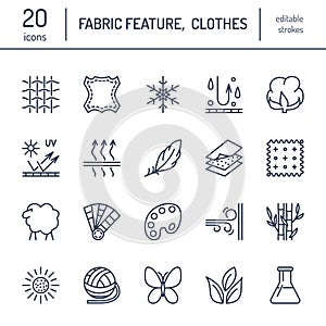 Vector line icons of fabric feature, garments property symbols. Elements - cotton, wool, waterproof, uv protection.