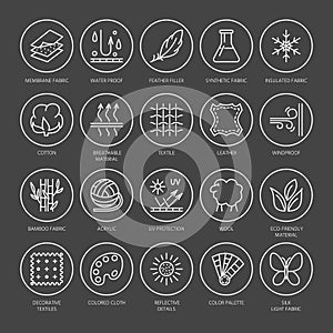 Vector line icons of fabric feature, garments property symbols. Elements - cotton, wool, waterproof, uv protection. Linear wear