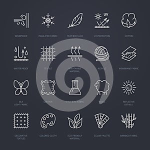 Vector line icons of fabric feature, garments property symbols. Elements - cotton, wool, waterproof, uv protection. Linear wear la