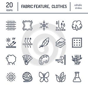Vector line icons of fabric feature, garments property symbols. Elements - cotton, wool, waterproof, uv protection. photo