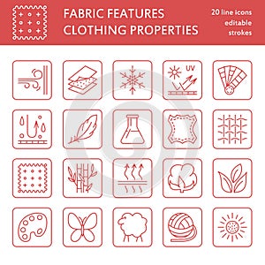 Vector line icons of fabric feature, garments property symbols. Elements - cotton, wool, waterproof, uv protection.