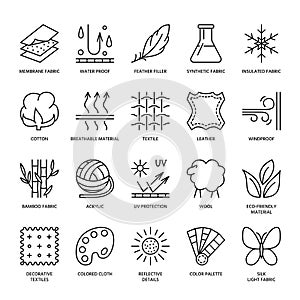 Vector line icons of fabric feature, garments property symbols. Elements - cotton, wool, waterproof, uv protection. Wear labels