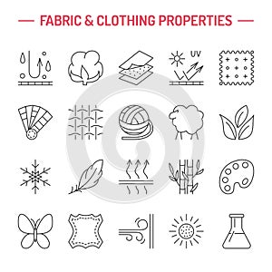 Vector line icons of fabric feature, garments property symbols. Elements - cotton, wool, waterproof, uv protection. Wear labels