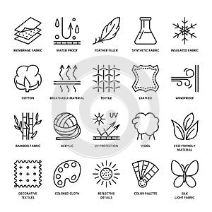 Vector line icons of fabric feature, garments property symbols. Elements - cotton, wool, waterproof, uv protection. Wear labels photo