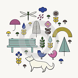 Vector line icons with nature, animals.