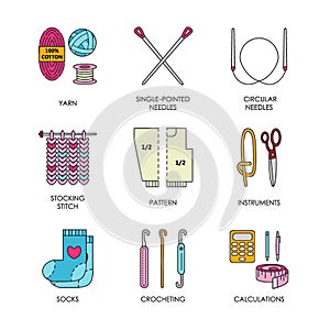 Vector line icons set of knitting and crochet. Knitting elements: yarn, knitting needle, knitting hook, pin and others.