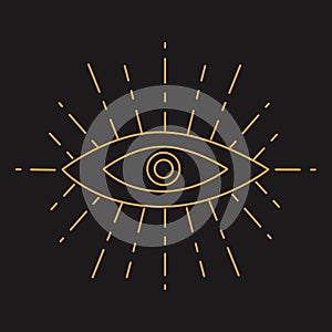 Vector line illustration gold eye. Talisman ornamental hamsa, symbol eye protection.