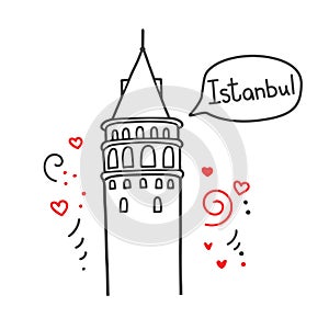 Vector line illustration of a Turkish landmark Galata Tower in Istanbul, Turkey.