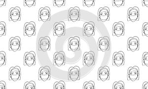 Vector line image of people wearing medical masks protecting themselves from the virus. Coronavirus covid-19 epidemic seamless