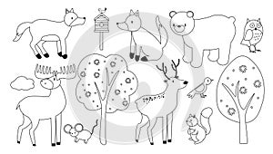 Vector line set of Forest Animals. Woodland Animal outline for coloring including moose, bear, deer, fox, rabbit