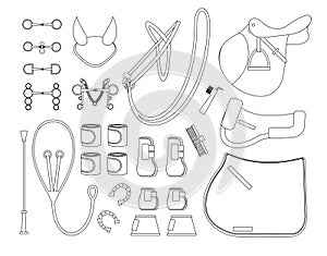 Vector line set of horse equipment for riding