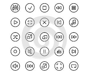 Vector line set Media player icon. Music symbol and multimedia play video. Technology web button control interface and record