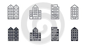 Vector line and silhouette building icons. Set signs editable stroke. Multistorey houses with a garage, doors and windows. Office