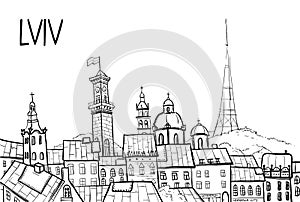 Vector line sketch city of Ukraine. Lviv city photo