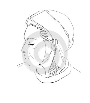 Vector line sketch of a half-turn of the face of an adult woman from the Middle East with a turban on her head. Pen drawn portrait