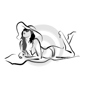 Vector line sketch of a sunbather women with hat