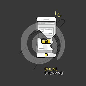 Vector line style illustration on dark background with hand holding mobile phone and finger touching buy button - online mobile sh