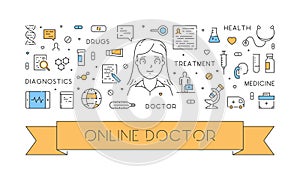 Vector line web concept of online doctor
