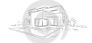 Vector Linear architectural sketch modern detached house