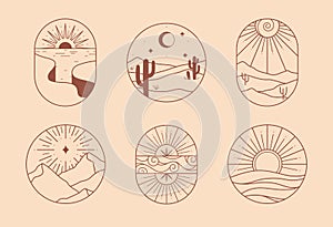 Vector linear boho emblems with rocky mountains,desert landscapes and mountain range.Travel logos photo