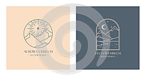 Vector linear boho emblems with snowcapped mountain landscapes