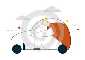 Vector linear character illustration of man sitting at car linear silhouette