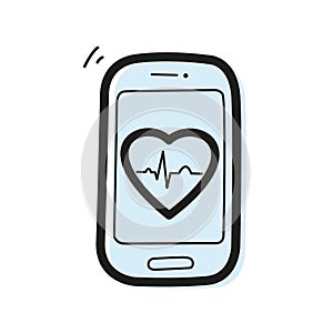 Vector linear color icon in the form of a smartphone with a heart and an ECG graph inside. Telemedicine concept