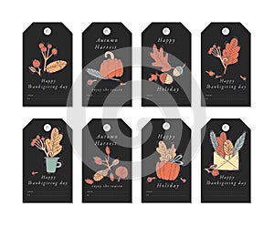 Vector linear design Harvest festival greetings elements. Fall tags set with typography and colorful icon.