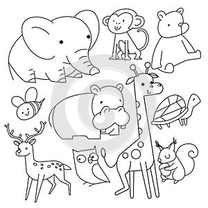 Vector linear drawing, set of cute children`s illustrations animals.