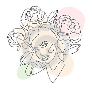 Vector linear drawing of a woman with flowers.