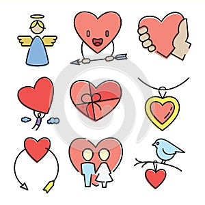 Vector linear flat color love and wedding icons