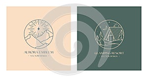 Vector linear glamping emblems with forest landscape,aurora lights,house