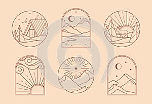 Vector linear glamping emblems with forest landscape,mountains,house or tent.Travel logos