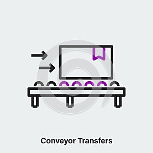 Vector linear icon of conveyor transfer on light grey background. Isolated contour of beltline and packaging