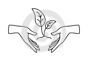 Vector linear icon - human hand holding growing plant isolated on white background. Concept emblem or logo design