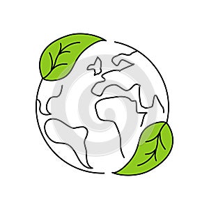Vector linear icon - planet Earth with leaves isolated on white background. Concept emblem or logo design