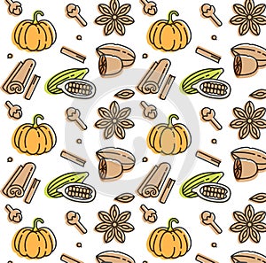 Vector linear icon of pumpkin spice. Pattern vector set. Pumpkin icon. nutmeg and ginger, cloves, cinnamon. For food