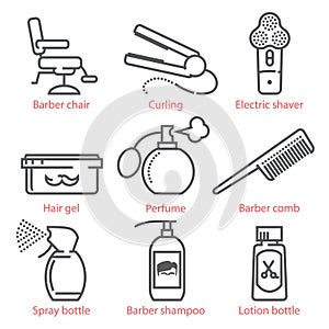 Vector linear icons set with barber equipment and accessories for infographics and UX