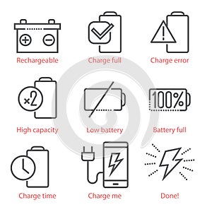 Vector linear icons set with battery and eco-energy theme for infographics and UX
